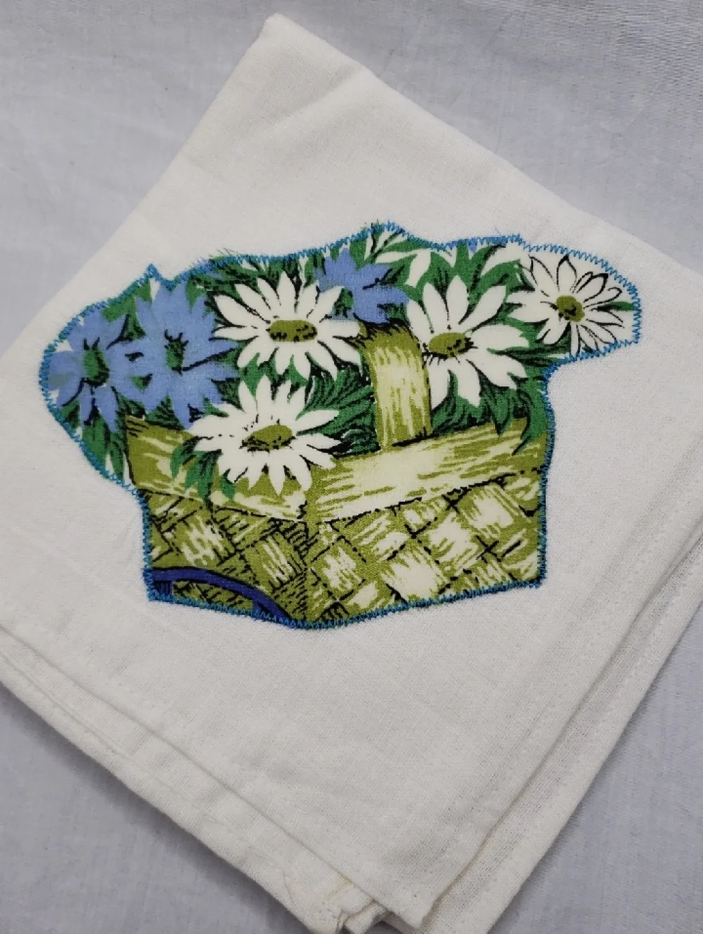 Vintage Applique Blue Flower Basket XL Dish Towel
